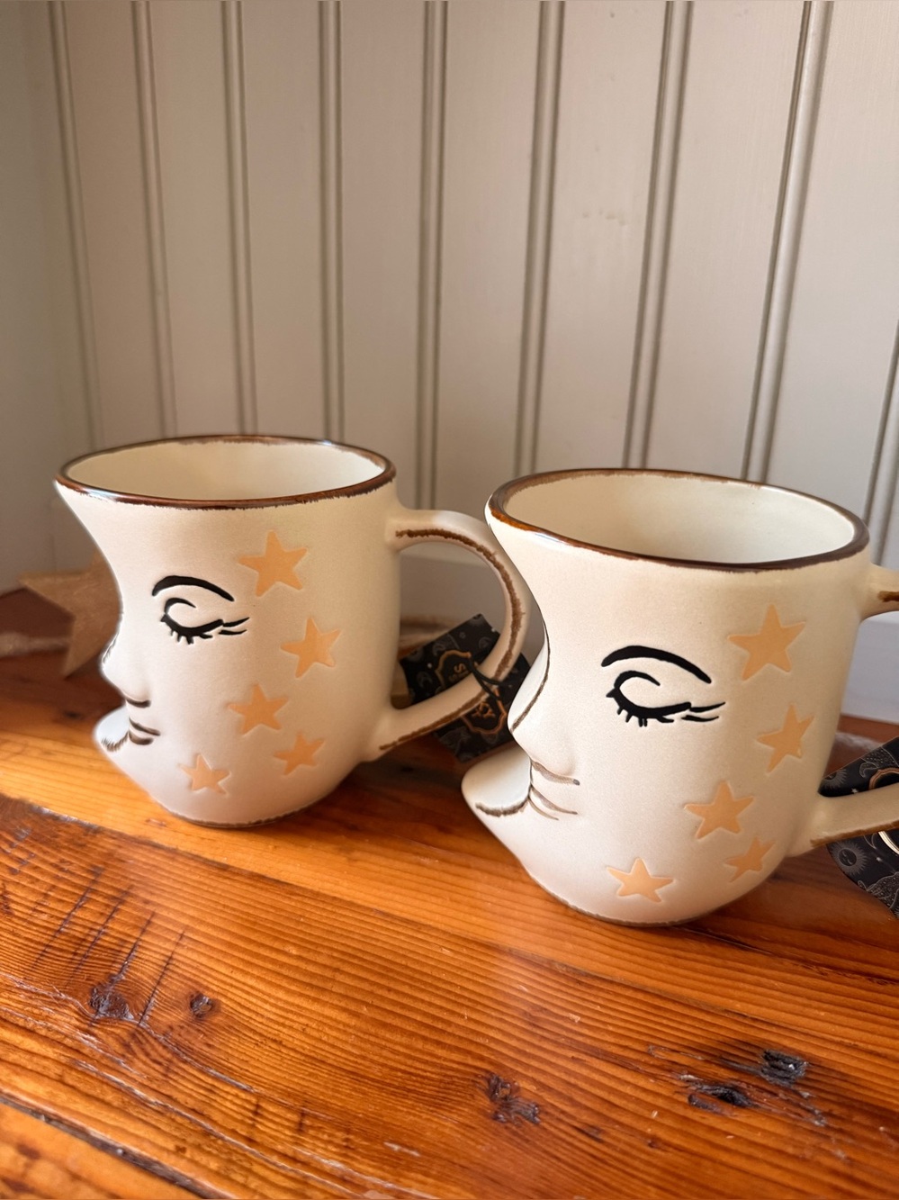 🌙✨Crescent Moon Face Mugs with Gold Stars - Set of 2 Witchy Halloween - Picture 2 of 5